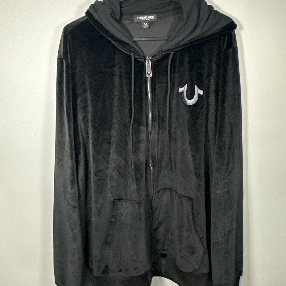 True Religion XL Black Velour Zip Hoodie Large Back Logo Graphic